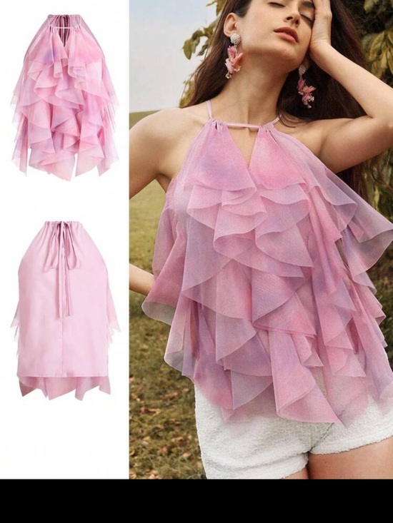 Anewsta Tops - NWT Pink Ruffled Halter Camisole Top - Lightweight Layered Tank